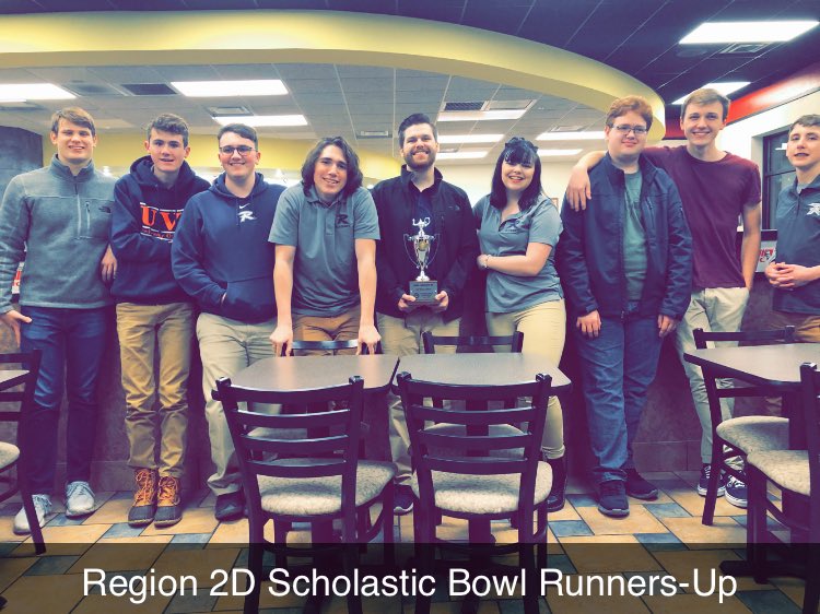 RichlandsHigh's tweet photo. Congratulations to the RiHS Scholastic Bowl Team on their 2nd place finish in the VHSL Region 2D Tournament.  Left to Right: Bryce Taylor, Jonce Culbertson, Luke Quesenberry, Blake Jewell, Caleb Bales (captain), Miranda White, Eric Bandy, Spencer Brown, Joey Simmons. https://t.co/cwjyYYjpGs