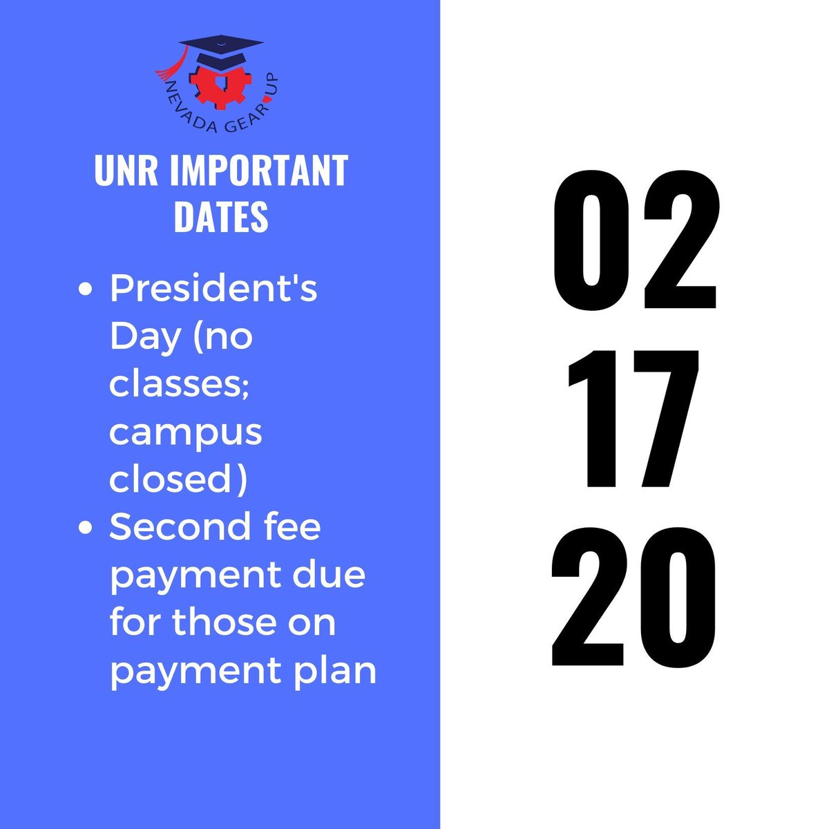GEARUPUNR's tweet photo. President's Day (no classes; campus closed)
Second fee payment due for those on payment plan
#GearUpWorks #UNR #unrimportantdates https://t.co/M3DMWmB4Un
