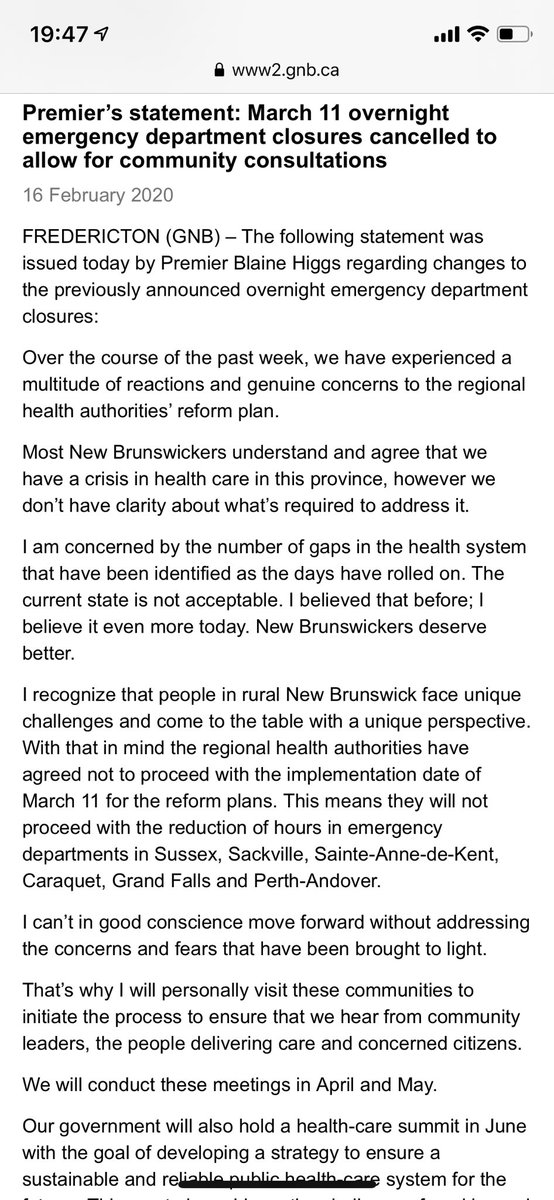 shane__magee's tweet image. New Brunswick government issues Sunday evening news release saying it is halting planned health care changes. Plans consultation later in the year.