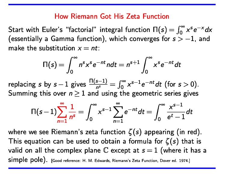 Sam Walters ☕️ sur Twitter : "Here's how Riemann got his Zeta function from  Euler's Gamma function. It leads to a formula for the Riemann Zeta function  ζ(s) that converges on the