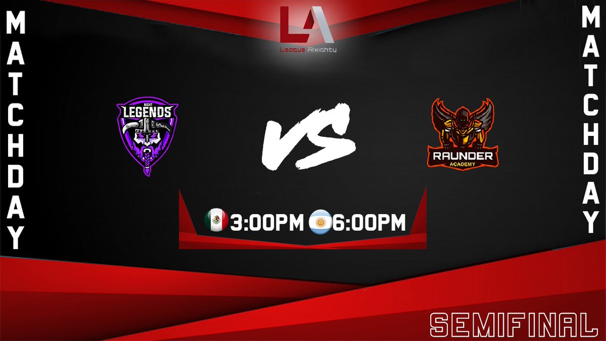 #MatchDay

En unos minutos tendremos nuestro primer enfrentamiento de las semifinales, son dos equipos que han demostrado por qué llegaron tan lejos. 🏋️

@NLEGEND_CR 🆚 @RaunderAcademy 

⏰ 19:00 🇲🇽 | 20:00 🇵🇪 | 22:00 🇦🇷

📺 <a href="/SLamochila/">SLM Zerocool</a> 🎙️