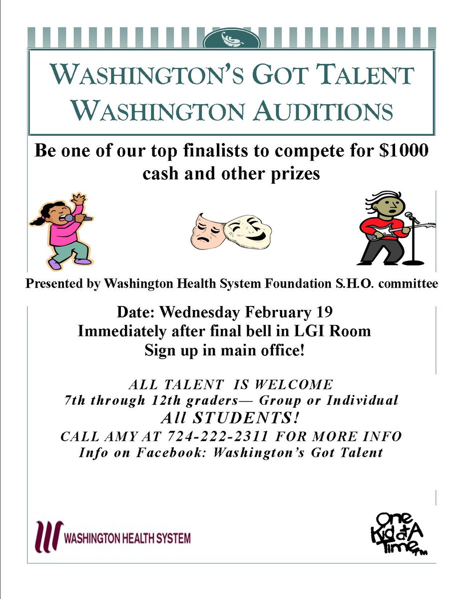 WashGotTalent's tweet photo. @WashSchoolDist Washington Students 7th through 12th grade audition for the Washington's Got Talent 2020 show! This Wednesday February 19 at the end of the school day. Groups welcome, all talent welcome!!! https://t.co/bM66BN7bbH