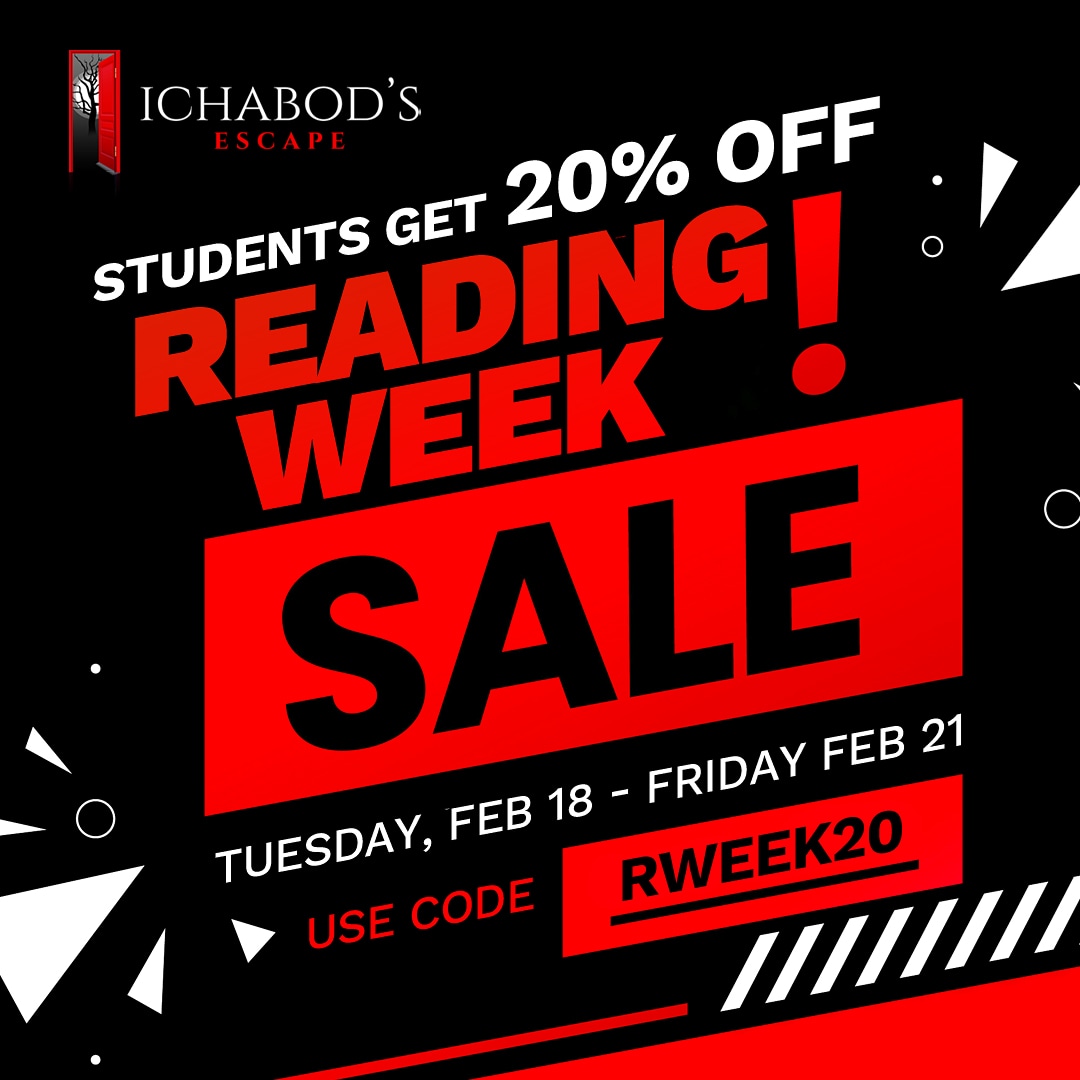 ichabodsescape's tweet photo. 🔊ATTENTION ALL STUDENTS: This one's for you!!! 20% off for all students during reading week! #studentdeals #studentdiscount #readingweek #ldnont https://t.co/Uy8X6xWpfY
