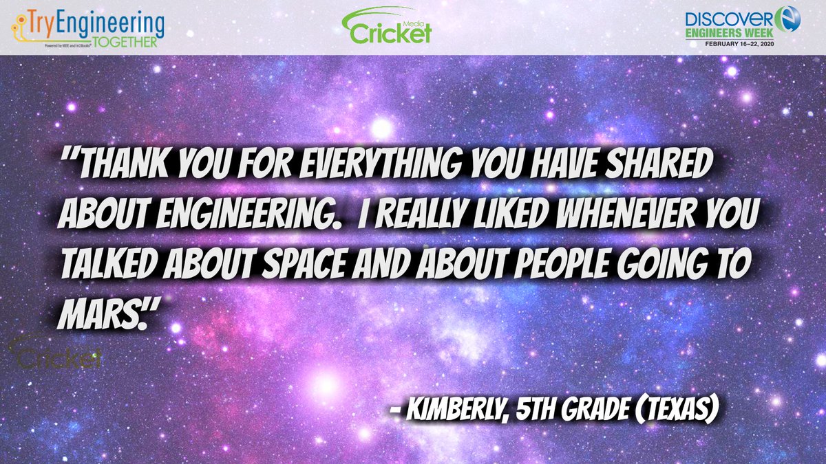 CricketMediaInc's tweet photo. In honor of Engineers Week, we’re featuring real thank you notes from students who have participated in TryEngineering Together to their #virtualmentors. Discover TryEngineering Together: https://t.co/93RtIy21SC #EWeekTogether #EWeek2020 https://t.co/UVwzWiPaYD