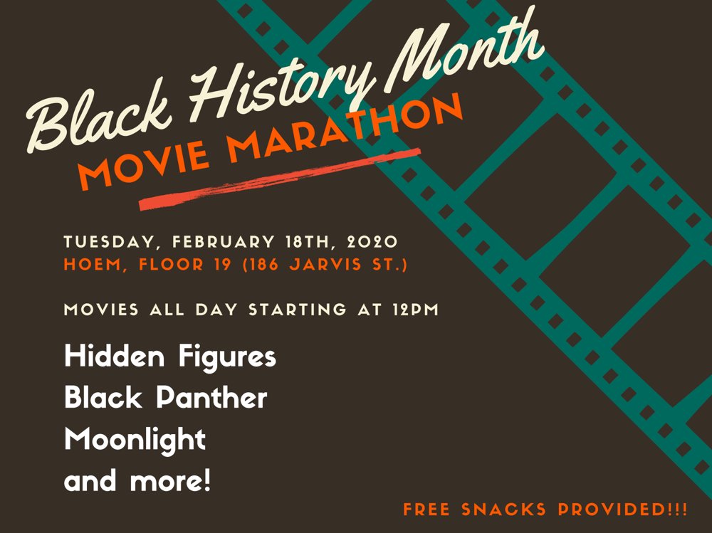 Black History Month: Movie Marathon! 🎥 Tuesday, Feb. 18th at HOEM, Floor 19! 🍿 Free snacks provided! This event is open to everyone.