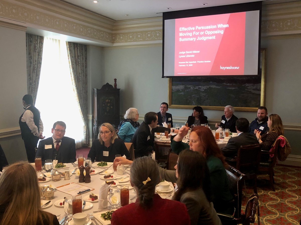 HBA_Appellate's tweet photo. Thanks to Judge David Hittner and Lynne Liberato (Haynes and Boone) for a great presentation on Effective Persuasion When Moving or Opposing Summary Judgment at our February meeting! #appellatetwitter https://t.co/4zhW5f5IkX
