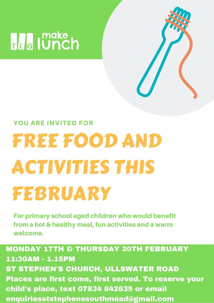 SMeadStStephens's tweet photo. FINAL CALL!

We will be running Make Lunch on Monday 17th February and Thursday 20th February. To book a space for your child either send a message, text or call the number on the poster or send an email. Please note the change of phone number. https://t.co/ovFJZB3G2z