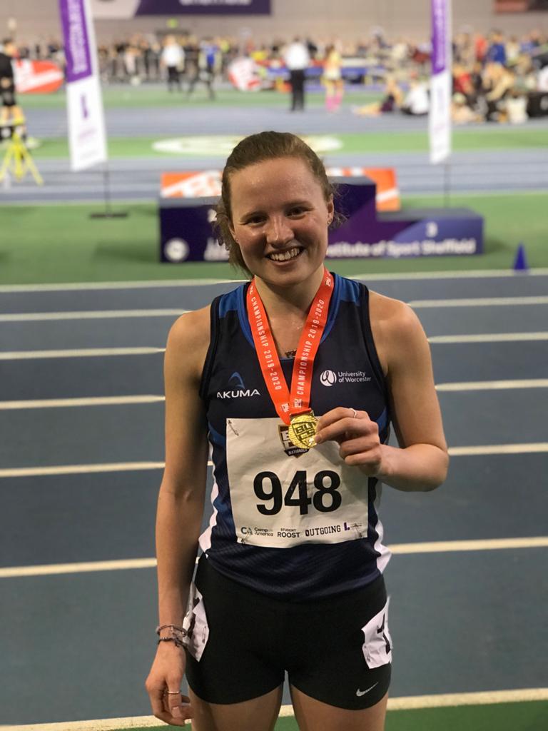 BryonyGunnPE's tweet photo. Bringing the gold back to Worcester 🥇 Legs are not going to be moving tomorrow so I'm glad it's half term 😂 BUCS indoor 3k champ 2020!!! https://t.co/rJ6GIQx34A