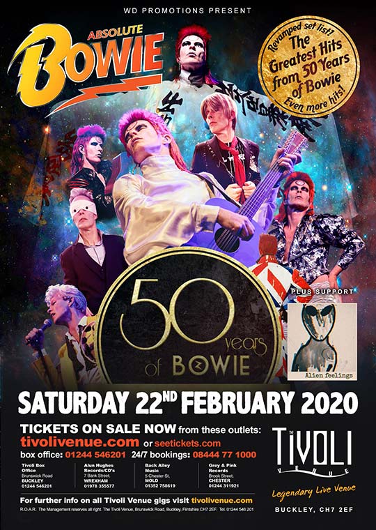 The Tivoli Venue (@tivoli_venue) on Twitter photo Sat 22nd Feb 2020
<a href="/absolutebowie/">Absolute Bowie</a> are proud to present their exciting stage show “50 Years of Bowie”; a musical journey through the iconic singer’s ever changingpersonas, featuring all of Bowie’s greatest hits of the last 50 years in a brand new and revamped setlist. Sat 22nd Feb 2020
<a href="/absolutebowie/">Absolute Bowie</a> are proud to present their exciting stage show “50 Years of Bowie”; a musical journey through the iconic singer’s ever changingpersonas, featuring all of Bowie’s greatest hits of the last 50 years in a brand new and revamped setlist.