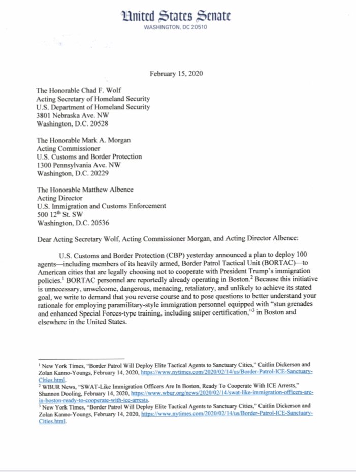 .@SenWarren and I are demanding that the Trump administration reverse course on its decision to send CBP SWAT teams to major U.S. cities. Their presence is unnecessary, unwelcome, and dangerous.