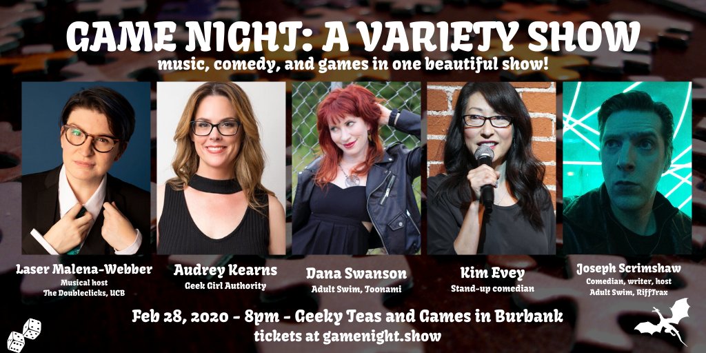 audreykearns's tweet photo. I'M SOOO EXCITED to be doing #GameNightVarietyShow 🎲🧙🧚‍♀️🧝‍♀️🎲again w/ cool folks like @kimevey &amp; @danaswanswan! 💥😃💥Thanks @LaserMWebber &amp;  @JosephScrimshaw for having me back.  See ya in a couple weeks! Tix: https://t.co/ruZee4BKR4 https://t.co/OufVvxBRSy