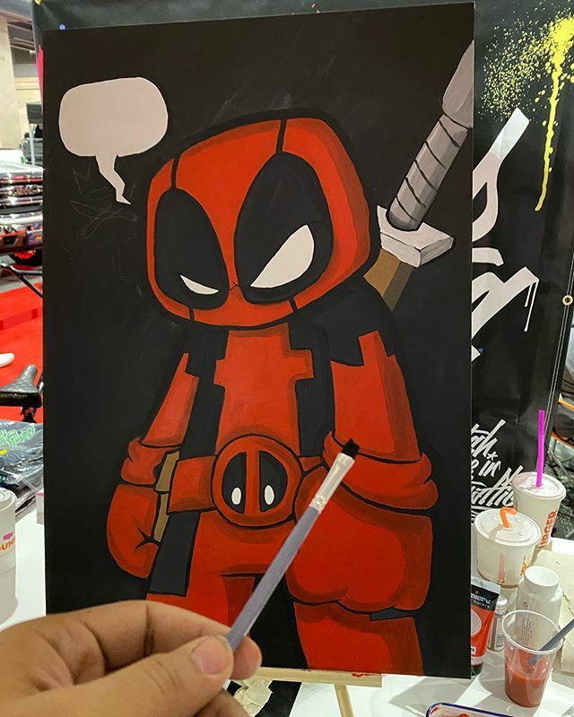 playfulgorilla's tweet photo. Final progress shot of the huge 24x36 Deadpool I’m live painting at the @dubshowtour in the @phillyautoshow !! I’ll be going live in my Playful Gorilla Facebook - come check me out!! #playfulgorilla #dubshow #phillyautoshow #livepainting #deadpool https://t.co/tcmJo03Mn2 https://t.co/XeKTys1uMj