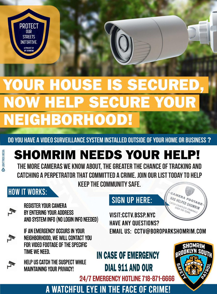 BPShomrim's tweet photo. “Protect our streets initiative”, a project by BP #Shomrim to ensure an even #SaferCommunity by linking camera info- making it easier to track those responsible in the aftermath of a crime. Help keep YOUR community safe by registering your camera, visit https://t.co/Cmh5ggNSAL https://t.co/GNJkzE2YQy
