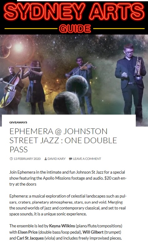Keynawilkins's tweet photo. Thanks Sydney Arts Guide for this great article about Ephemera's show this THURS 8pm @ JOHNSON ST JAZZ (81 Johnson St, Annandale). Tickets $20 at the door, BYO. Hope to see you there! https://t.co/Z2s8aYSZ0v
Full Article: https://t.co/K3sWw0Z7Ds

#spacejazz #jazzcrossover #improv https://t.co/cH1YnnWvvU