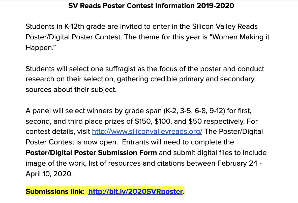 🔎bit.ly/100Years2020🔍 🤩bit.ly/100YearsInfo🤩 Mix research & art & civics with this 19th Amendment Poster Contest! @CivicSantaClara @WendyLRouse @SVReads @barbflores17