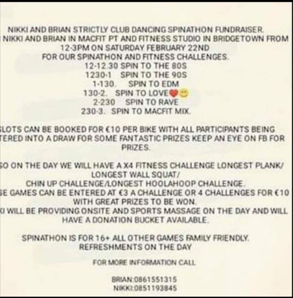 KilmoreGAAWex's tweet photo. Reminder for next Saturdays #spinathon fundraiser for #strictlyclubdancing in macfit studio in Bridgetown 12-3pm with all musical tastes covered. Come along, give the new years fitness resolution a shot in the arm and be in with the chance to win some spot prizes. #GetInvolved https://t.co/VKPNPmCh31