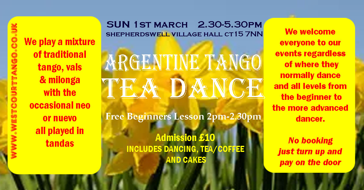 TangoJester's tweet image. Our next Tea Dance is on Sunday March 1st at Shepherdswell Village Hall. Dancing starts at 2.30pm and the £10 admission includes dancing, tea/coffee and cakes.