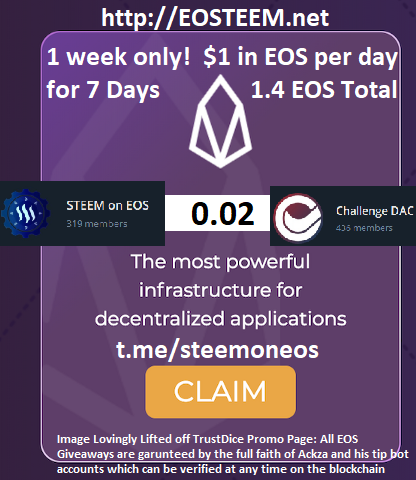 ackzacrypto's tweet photo. 💎#Ackza #crypto $1 daily #giveaway💎
Win $1 in EOS, everyday 1.4 EOS /week split into 7 x 0.2 EOS or $1 Prizes
Rules
✅Like Follow & Retweet ₿
@ackzacrypto
@SteemEos
@ChallengeDac
✅Tag friend 🎁
⚡️#eosio⚡️
⏰10 #CHL for ALL ₿
🚿SCREENSHOT in CHAT https://t.co/tAVFUorZHY 🚿 https://t.co/AqWPGtsKZu
