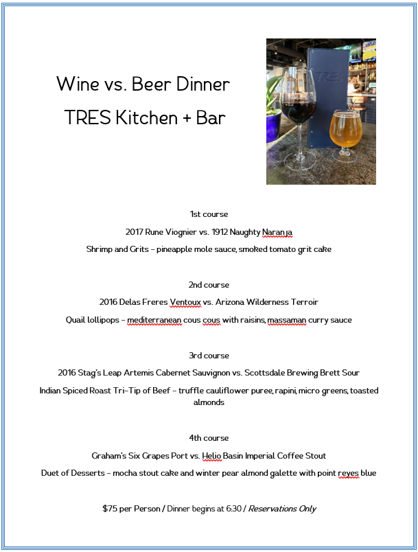 TRESTempe's tweet photo. Wine vs. Beer Dinner at TRES Kitchen + Bar - 02/29/20 - https://t.co/fqj3beK9Zl https://t.co/Z0mGsrdS1B