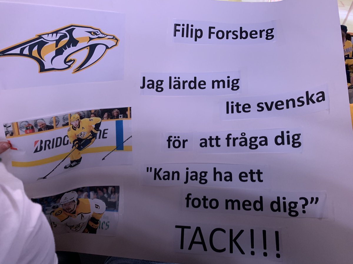 DavidAOSullivan's tweet image. ⁦@PredsNHL⁩ ⁦@PREDSident⁩ Lucas wrote a sign in Swedish hoping for a photo with Filip Forsberg. Can’t tell you how happy Lucas is that he was able to get the photo!!