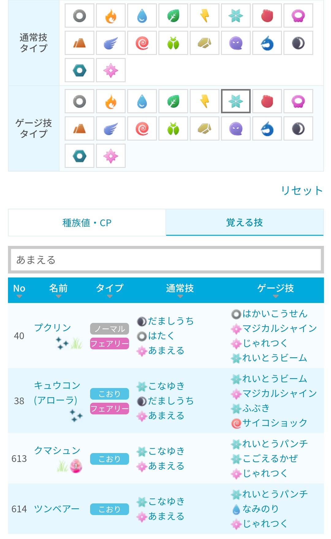 ポケモンgo攻略 みんポケ ポケモン図鑑アップデート 覚える技を表示 技タイプでの絞り込み 技名での絞り込み 画像の例では 通常技にあまえるを持ち ゲージ技にこおりタイプの技を持つポケモンで絞り込んでいます T Co Uyqmkdz7fv