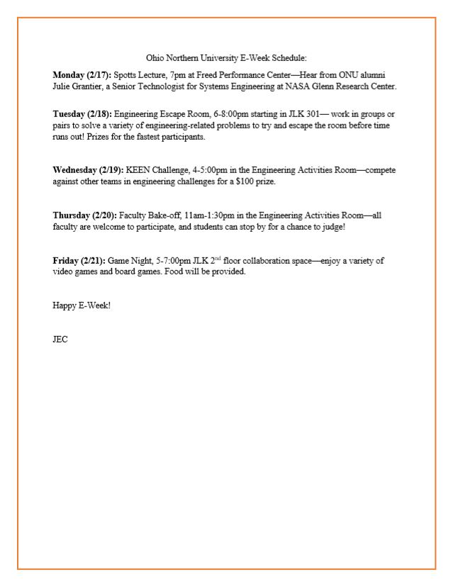 Happy E-Week, bears! All week JEC will be helping out with special events to celebrate engineering. Follow the schedule to stay up to date with the activities: