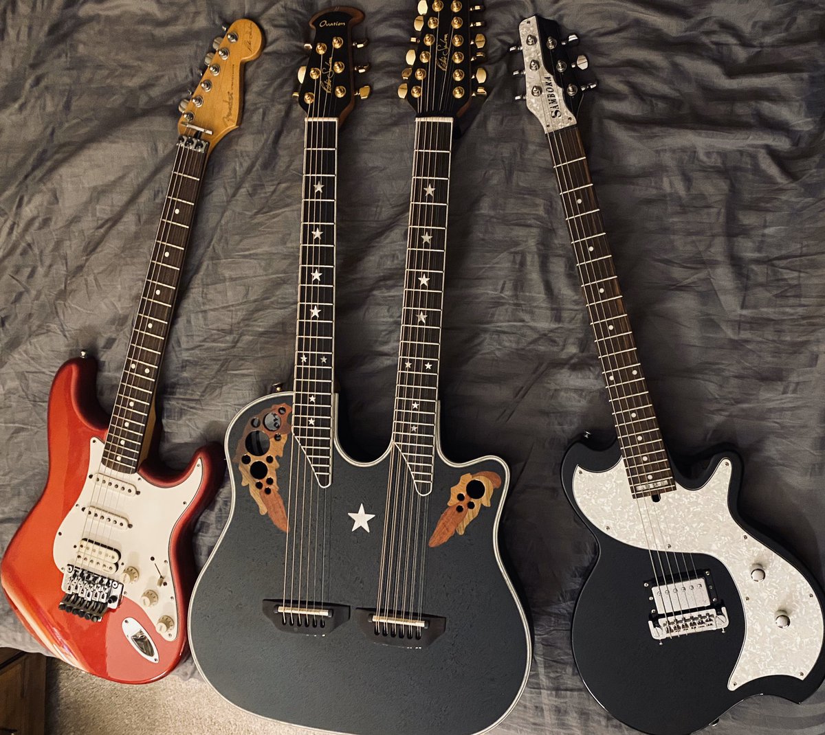PTMMusic's tweet photo. It’s a @TheRealSambora kinda night of guitar jams! Here is my @Fender Standard RS Strat, my @OvationGuitars RS Elite Double Neck and my @ESPGuitarsUSA LTD SA-1 prototype! My JAMS! #richiesambora #signaturemodels https://t.co/q1jOrbMMne