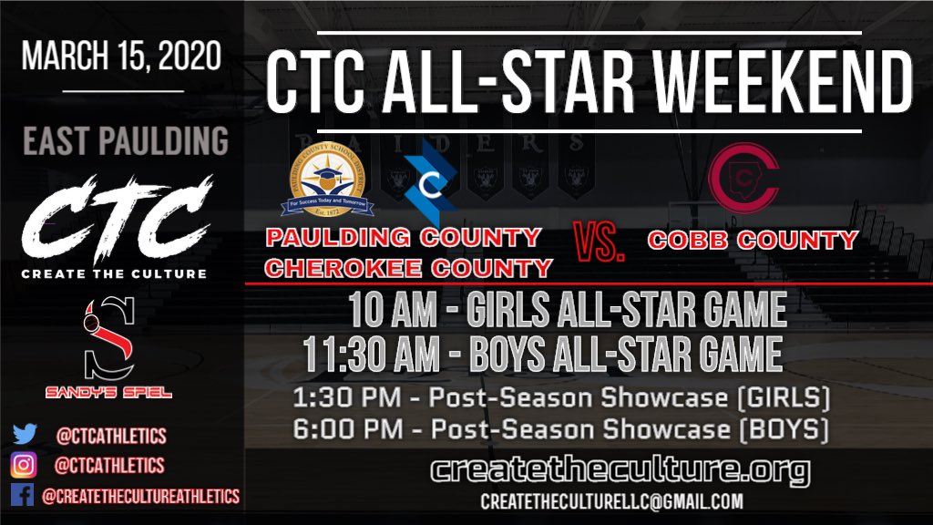 Excited to be bringing some All-Star Game festivities to Paulding County.

Boys/Girls Seniors from Cherokee/Paulding vs. Cobb County

March 15 at East Paulding.

If you have any potential nominees for top seniors in the three counties, let me know.