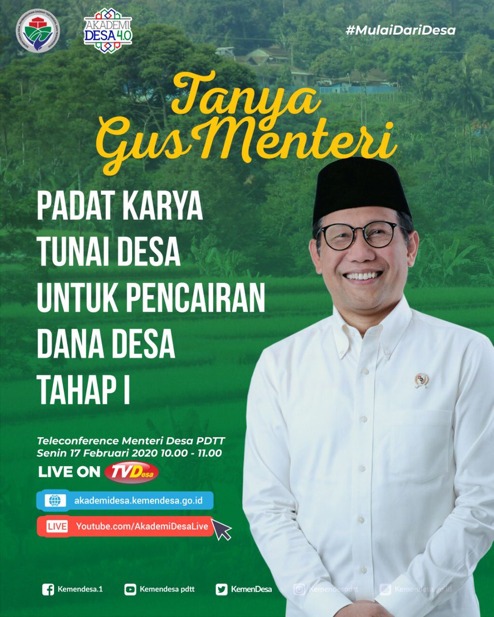 Selamat pagi #SobatDesa
Semangat hari senin Sob,,,
Siang ini telenconfrence kita akan membahas tentang Padat Karya Tunai Desa untuk pencairan Dana Desa Tahap 1.
Ikuti yuuk!!!

#PKTDuntukDesaSurga