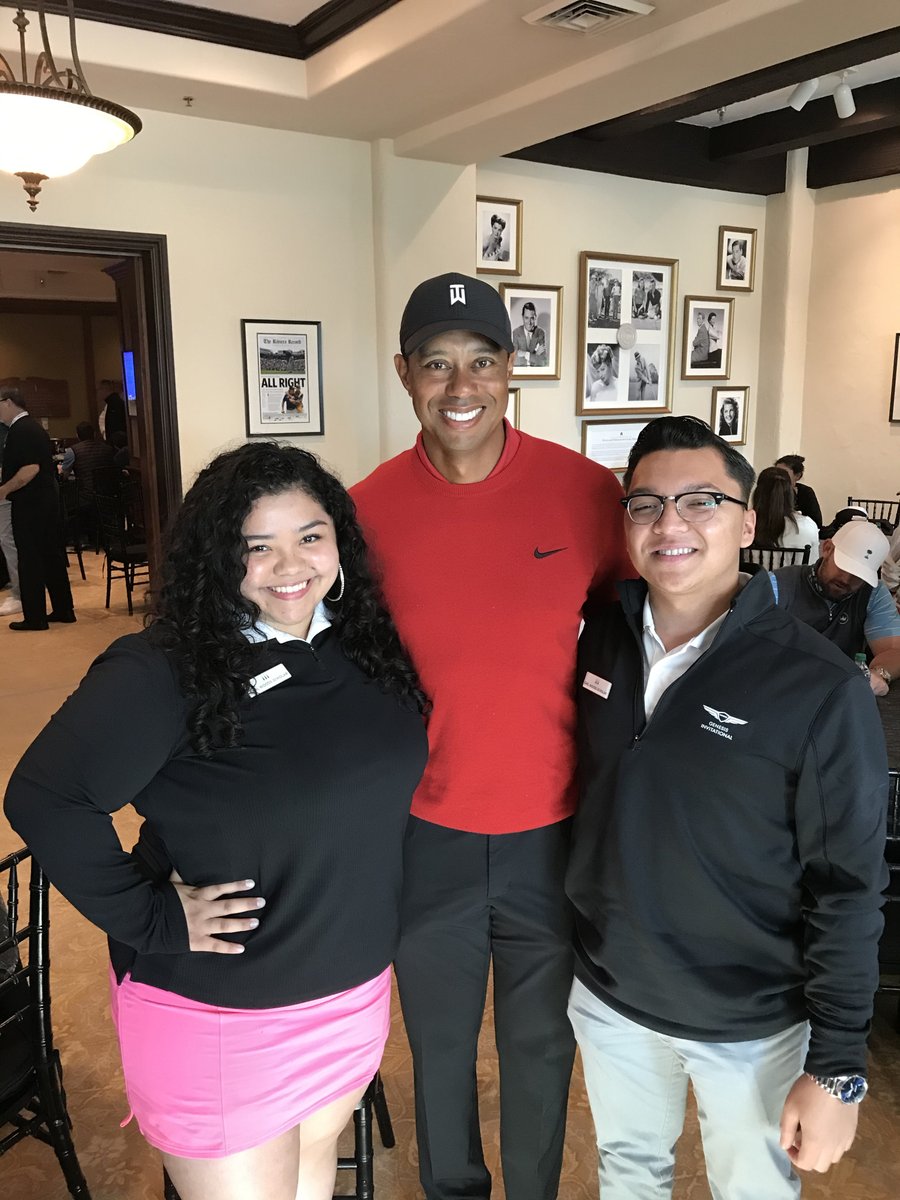 #TigerWoods met with special guests on the final day of <a href="/thegenesisinv/">The Genesis Invitational</a>. Earl Woods Scholars Carla Mosquera and Doug Torres announced players on the first tee. Carla is a pre-med student <a href="/ucla/">UCLA</a> and Doug studies music and environmental science <a href="/ucsantabarbara/">UC Santa Barbara</a>. #UnrelentingChampions