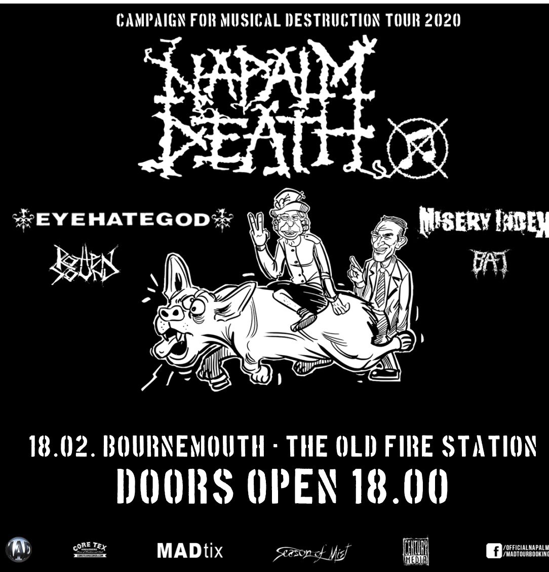 officialND's tweet photo. @theoldfirestation Bournemouth with @EyehategodNola @MiseryIndex @RottenSound #batband @madtourbooking @centurymediaeu @NAPALM_DEATH https://t.co/akEZeXWd4M