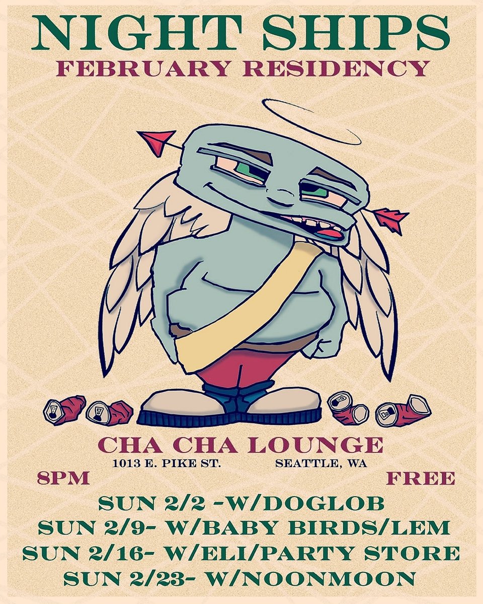 TONIGHT!! The <a href="/NightShipsMusic/">Night Ships</a> residency at the <a href="/ChaChaSeattle/">ChaChaLounge</a> rolls on with our 3rd Sunday installment. A true pleasure to share the evening with Eli and Party Store. Come on down! 9PM. #FREE. 
#Seattle #music #seattleband #seattlemusic