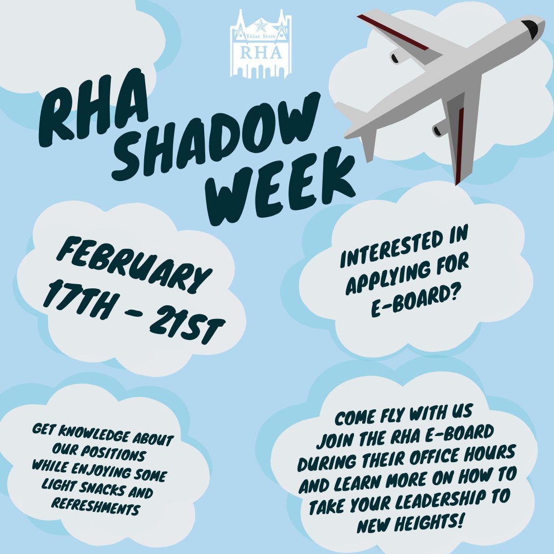 Interested in running for the 2020-2021 RHA E-board? ⠀
⠀
Join us for our shadow week where you can attend any of our office hours and learn more about our positions while enjoying some light snacks and refreshments! **You can find our office hours listed on our website**