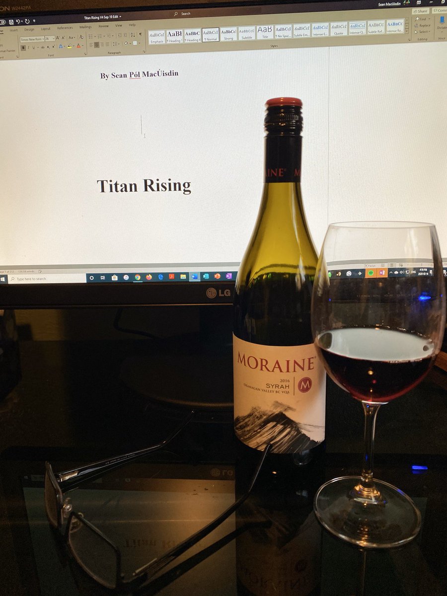 Editing Titan Rising today. Brought to you by a glass of <a href="/MoraineWinery/">Moraine Winery</a> Syrah. #bcwine #Writers #writerscommunity #Editing #authorsofinstagram #writersofinstagram