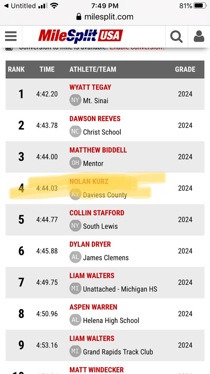 Fortdawg's tweet photo. 8th grader Nolan Kurz of Daviess County middle school student/athlete is ranked #4 in the nation in the the 1600 meter run for the middle school level. His time ranks him #1 in Kentucky for the age group. #youngandfast https://t.co/nln6N8oQYb