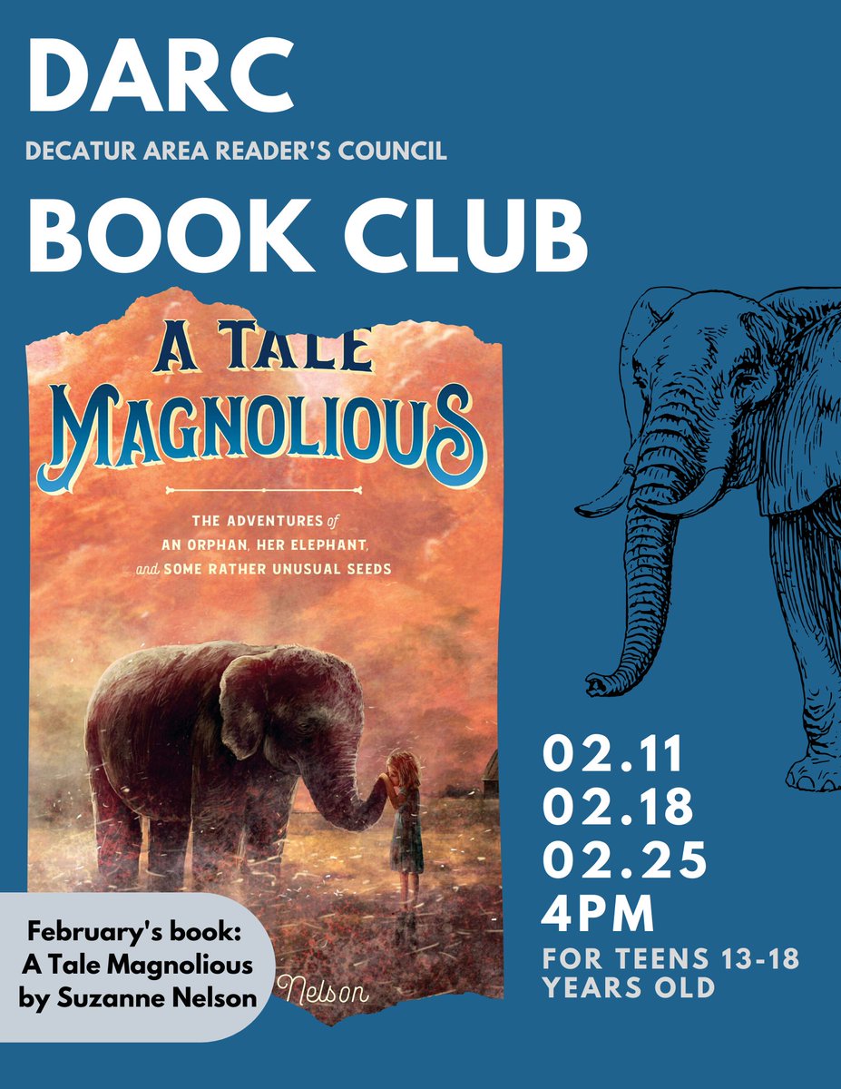 decaturlibrary's tweet photo. DARC book club meets again on 2/18 at 4 pm! This month, we're discussing "A Tale Magnolious" by @snelsonbooks. @CDavisRead will be leading the discussion! See y'all there!

#youngadult #yabooks #bookclub #teenbookclub #teen #books #read #readmore #dpltx #decaturtx #mglit https://t.co/tMRtdShRpK
