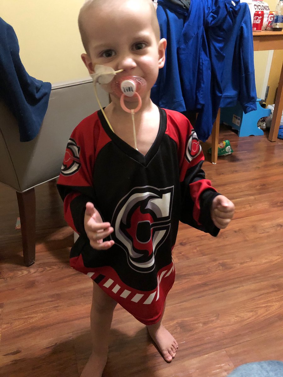cais_man's tweet photo. Dad, Big brother, and Pappy watch the @CincyCyclones  tonight! Cais man was too sick to go but he couldn’t wait to get that jersey on🏒

@ChrisFuson3 #CaisManFightsNeuroblastoma #GodMadeCaisManStrong https://t.co/0crMSYPVol