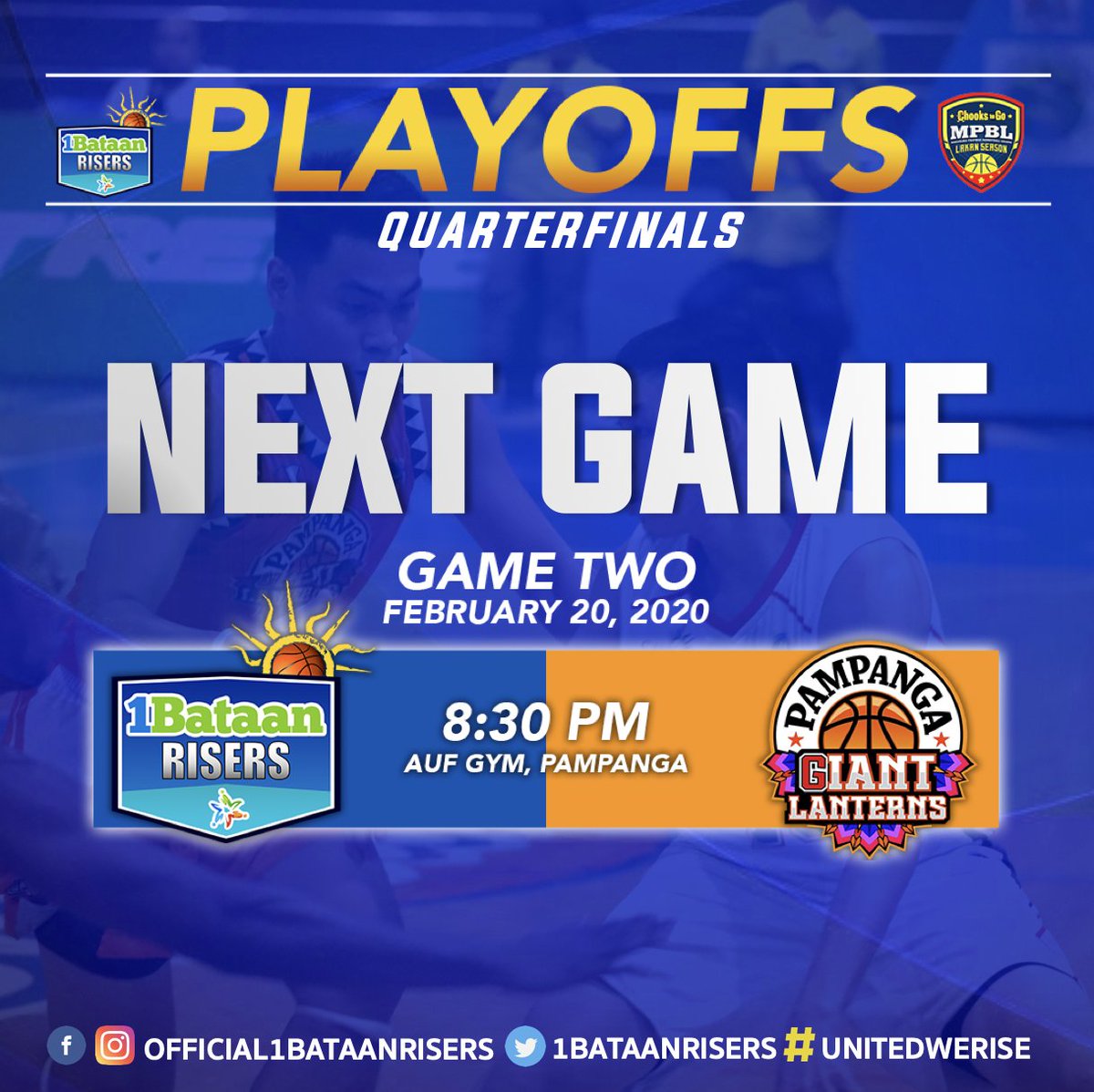 Very important game for the #1BATAANRISERS! It's Game 2 of the MPBL Playoff Quarterfinals against Pampanga! 👊 Itodo na natin ang suporta sa Huwebes para sa Bataan, kita-kits po tayo sa AUF Gym, Pampanga! #UnitedWeRise

#CamayaCoast #MPBLPlayoffs #NorthDivision #MPBL