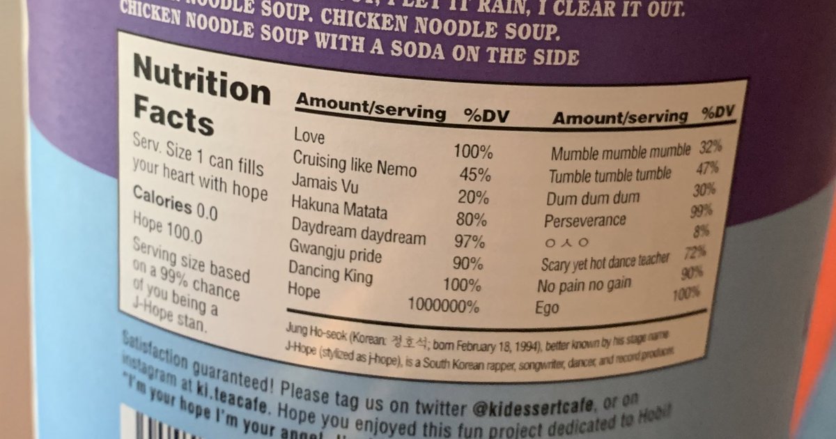 hobi_twtt's tweet photo. they had these CNS cans for hobi’s bday event and LOOK AT THE NUTRITION FACTS AND INGREDIENTS....sunshine extract..hope concentrate🥺🥺
#PieceOfVancouver https://t.co/sZhrbatUe8