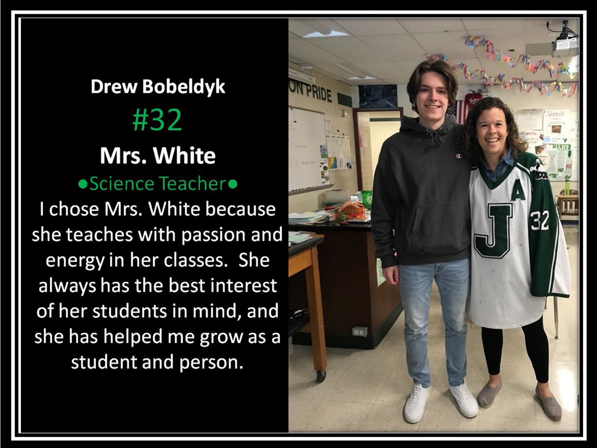 Saturday, February 22 at 6pm is Senior Night for Jenison Hockey. Leading up to Senior Night we will be posting Staff Appreciation tributes for each senior. Our next senior is Drew Bobeldyk and he is honoring Mrs. White a Science teacher at Jenison HS.