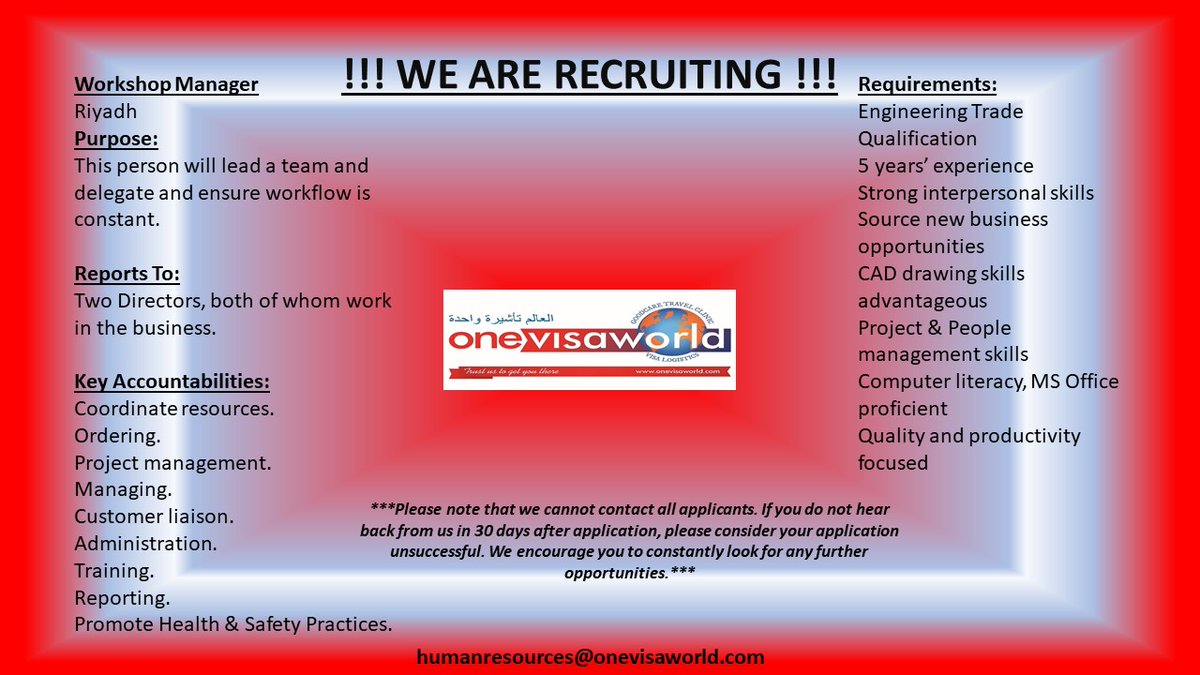 onevisaworld's tweet photo. !!!!! APPLY NOW !!!!!

Great Opportunity Available In Saudi Arabia.

Send us your application today.

This candidate can be on your time-line. https://t.co/SEUh27oTtg