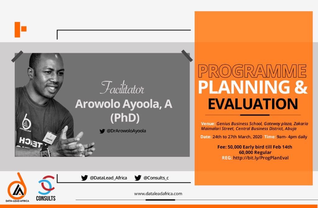 consults_c's tweet photo. THE FACILITATORS:
@DrArowoloAyoola is the lead partner @DataLead_Africa &amp; has expertise in research design, programme planning, data analytics &amp; M&amp;E

He'd take sessions on): evaluation, data analysis &amp; interpretation

Reg Now: https://t.co/KGzcqJVOTj https://t.co/eIBHzYeTqu