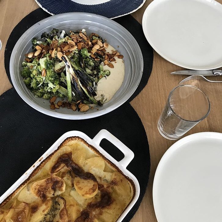 Monday Dinner: charred broccoli and buttered paprika almonds with toasted buckwheat and tahini dressing, tarragon chicken and quick lyonnaise potatoes. (2 quality chicken breasts can feed 4) #tryingtolovebuckwheat