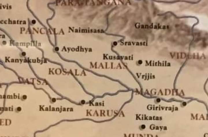 North Bihar (Mithila) region was inhabited by 'Videhas' with their capital at 'Mithila'. Vrijis had their capital at Sravasti (Balrampur). To their west was the kingdom of Kosalas with its capital at Ayodhya.