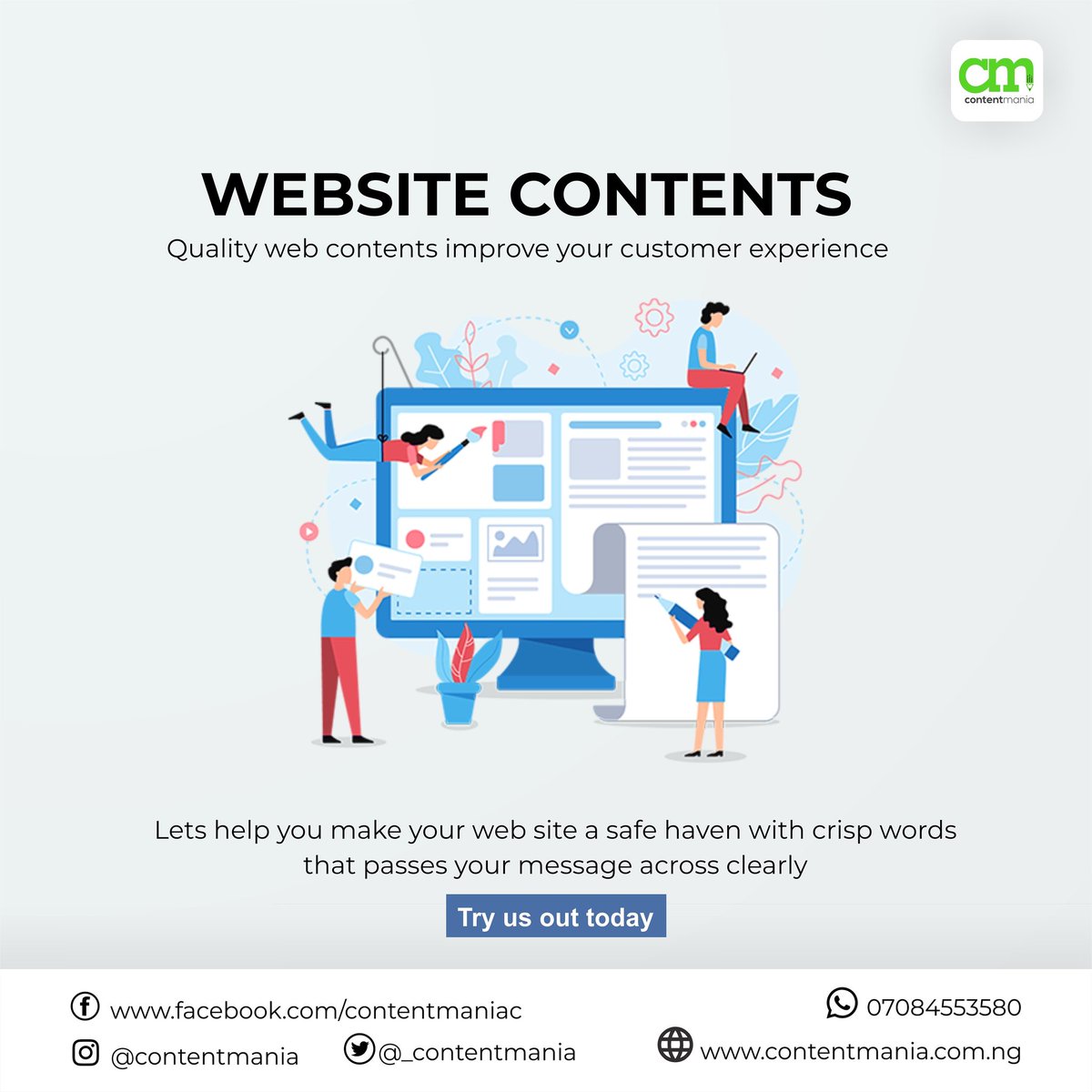 _ContentMania's tweet image. The contents on your website could either provide a well-balanced ambience or a horrific one. Patronize us today!

 #websitecontents #webcontents #MondayMorning #CMContents