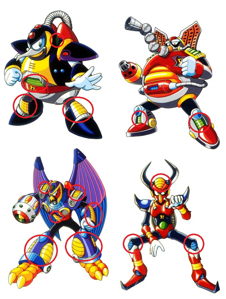 another repeated element are these panels with parallel lines. They appear both inset and bulging outwards, usually in yellow but sometimes in green.