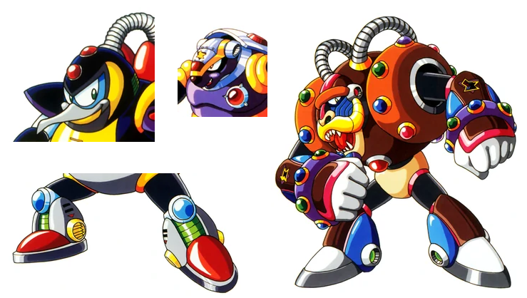Chill Penguin's head, Armored Armadillo's torso, Flame Mammoth's knees, and Spark Mandrill's... everything are festooned by what appear to be lights. The same ones that are installed in Zero's chest. Consistent design!