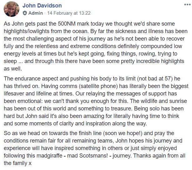 Jaynes__World's tweet photo. @BBCBreakfast @broaratlantic Congratulations, @broaratlantic!
@madgirafferow continues his herculean solo row across the Atlantic, hoping to reach Antigua by 23 Feb! John is raising funds for @DoddieWeir5's selfless motor neuron disease Foundation, @MNDoddie5!
#Herowsπ£ββοΈ
#TWAC2019
#MND #MoreNeedsDoing! https://t.co/im9m7cyWCp