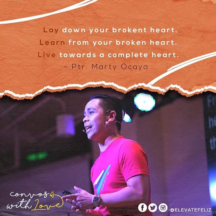 ElevateFeliz's tweet photo. Lay down your brokent heart.
Learn from your broken heart.
Live towards a complete heart.
-Ptr. Marty Ocaya (Elevate Director)
#SaturdayLiveRecap
#ElevateFeliz
#ConvosWithLove https://t.co/oTIzwgxx4G