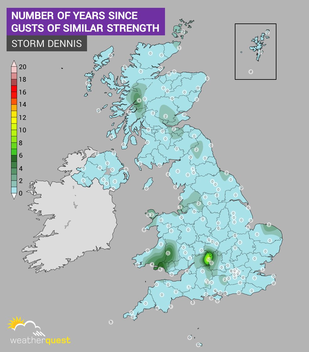 Number of years since each station last recorded wind gusts of equal strength or stronger than #StormDennis.
Most notable feature was the bow echo over S Britain - produced strongest gust at Pembrey Sands for 4 years, Mumbles Head for 6 years and Little Rissington for 13 years!🌬️